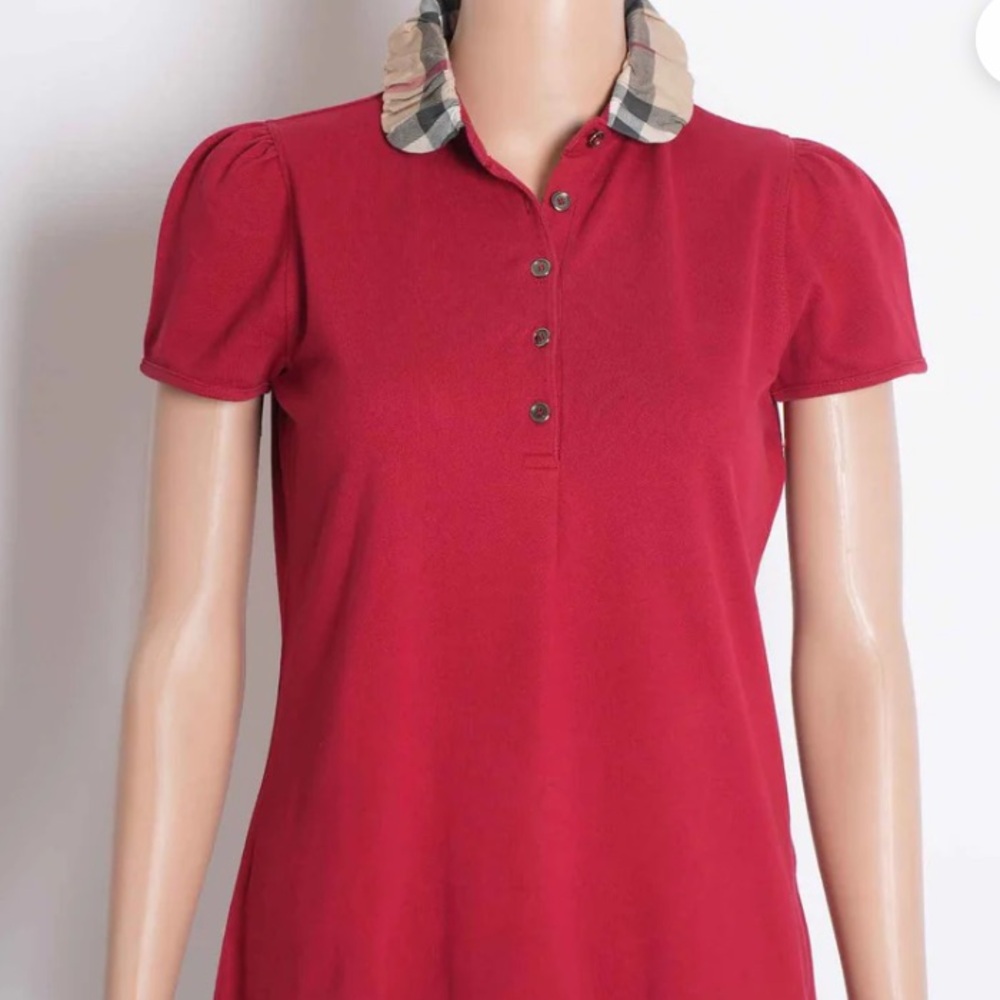 Burberry Red Short-Sleeve Button-Down Polo with Iconic Check Collar